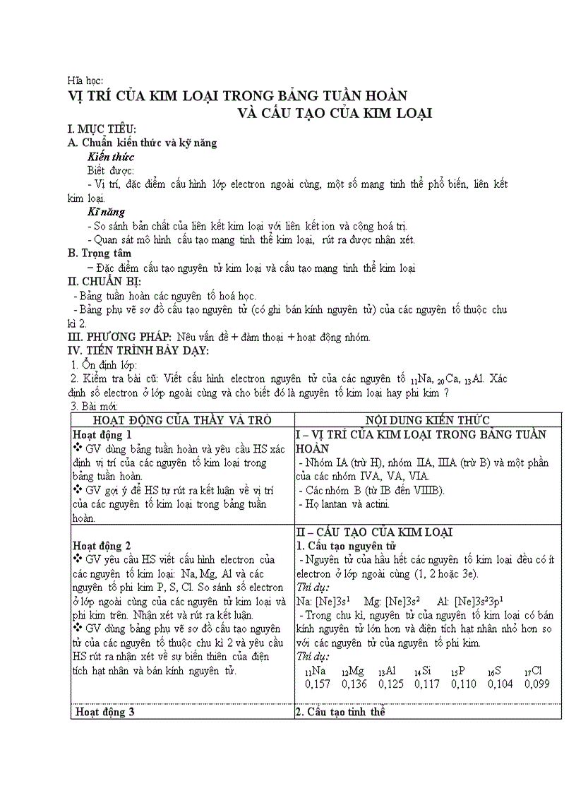 Hóa học VỊ TRÍ CỦA KIM LOẠI TRONG BẢNG TUẦN HOÀN VÀ CẤU TẠO CỦA KIM LOẠI