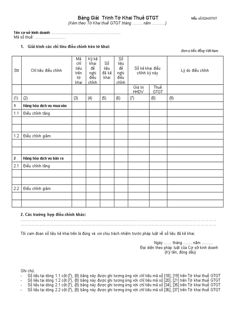 Bảng Giải Trình Tờ Khai Thuế GTGT
