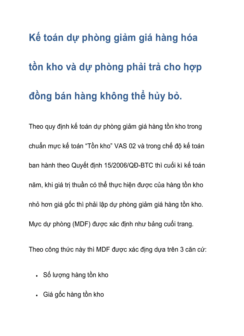 Kế toán dự phòng giảm giá hàng hóa tồn kho và dự phòng