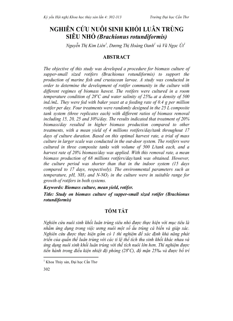 Nghiên cứu nuôi sinh khối luân trùng siêu nhỏ Brachionus rotundiformis