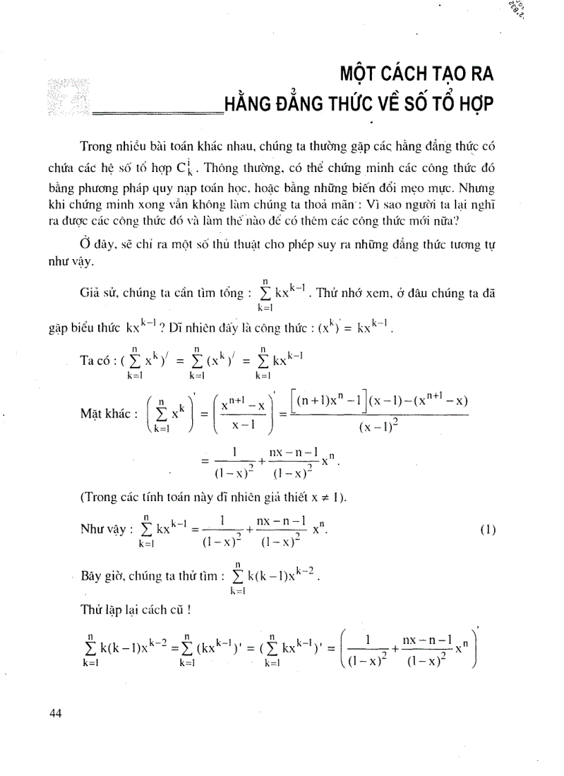 Toán THPT bài tập về một cách tạo ra hằng đẳng thức về số tổ hợp