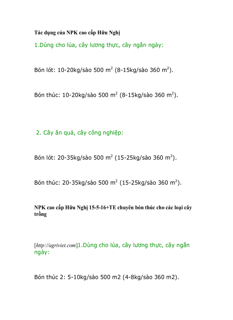 Tác dụng của NPK cao cấp Hữu Nghị