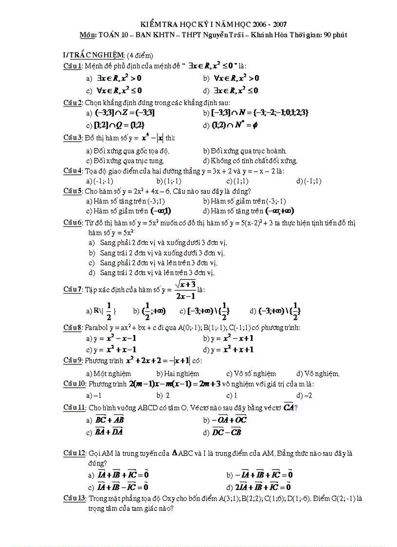 Đề thi học kì 1 môn Toán 10 Ban KHTN THPT Nguyễn Trãi Khánh Hòa 2006 2007