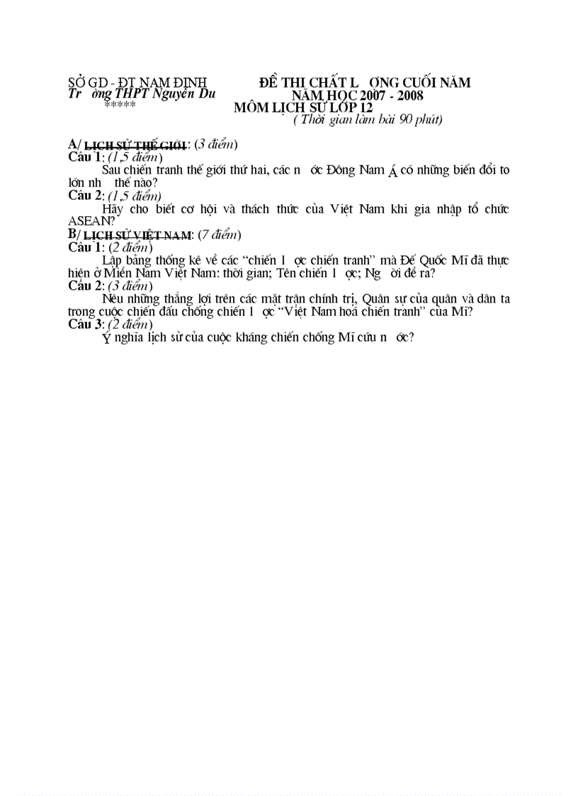 Đề thi chất lượng cuối năm môn Lịch sử 12 THPT Nguyễn Du Nam Định 2007 2008