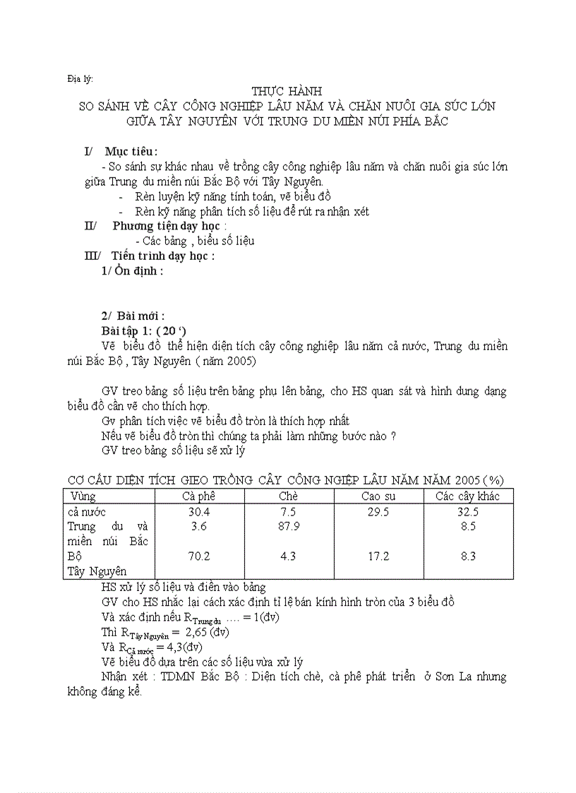 Địa lý THỰC HÀNH SO SÁNH VỀ CÂY CÔNG NGHIỆP LÂU NĂM VÀ CHĂN NUÔI GIA SÚC LỚN GIỮA TÂY NGUYÊN VỚI TRUNG DU MIỀN NÚI PHÍA BẮC