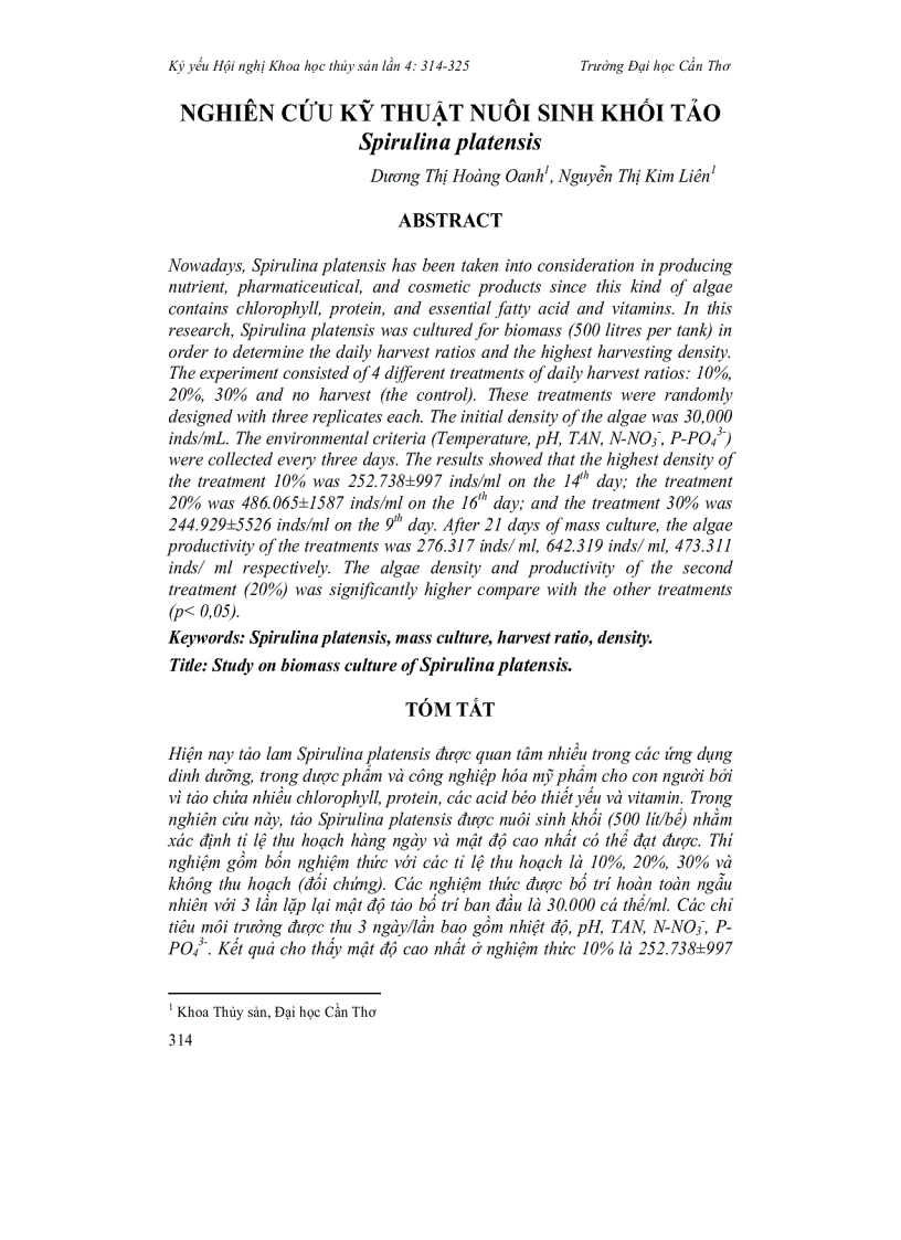 Nghiên cứu kỹ thuật nuôi sinh khối tảo Spirulina platensis