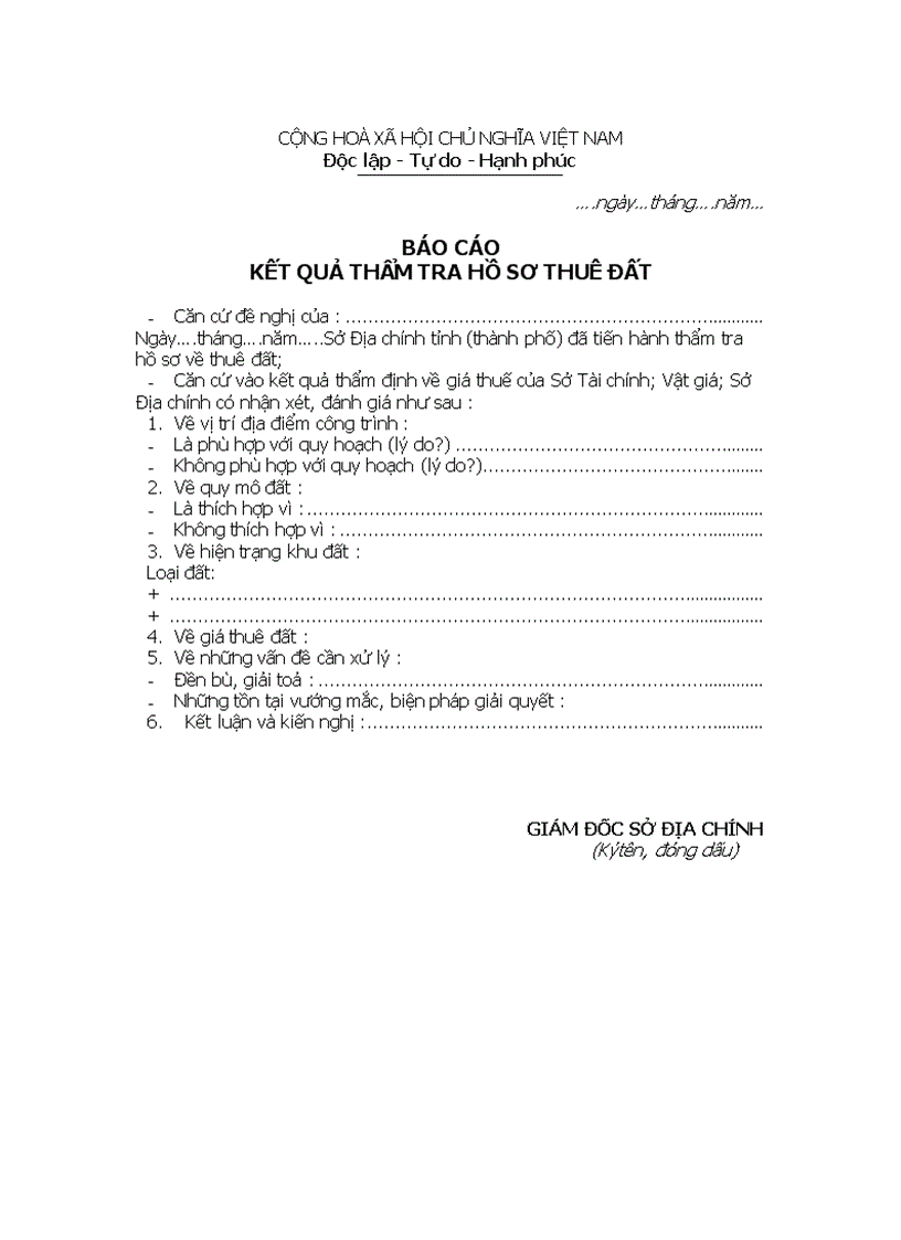 Báo cáo kết quả thẩm tra hồ sơ thuê đất