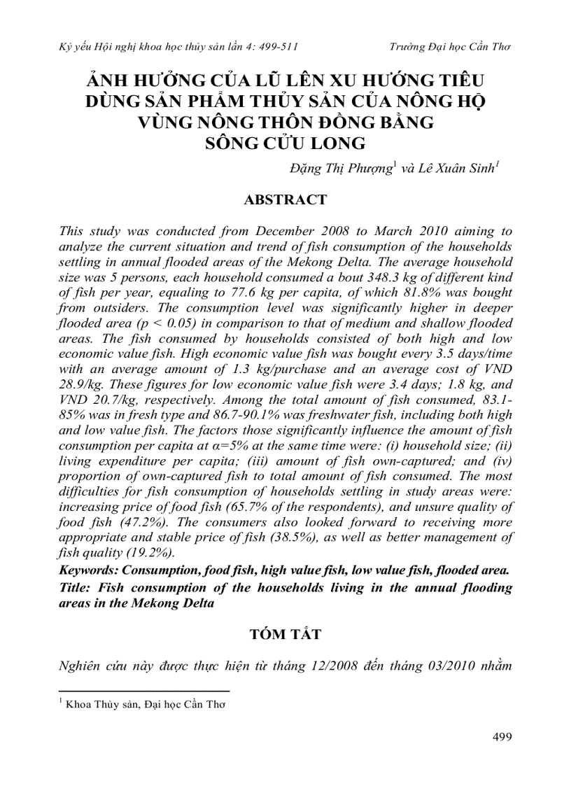 Ảnh hưởng của lũ lên xu hướng tiêu dùng sản phẩm thủy sản của nông hộ vùng nông thôn đồng bằng sông cửu long