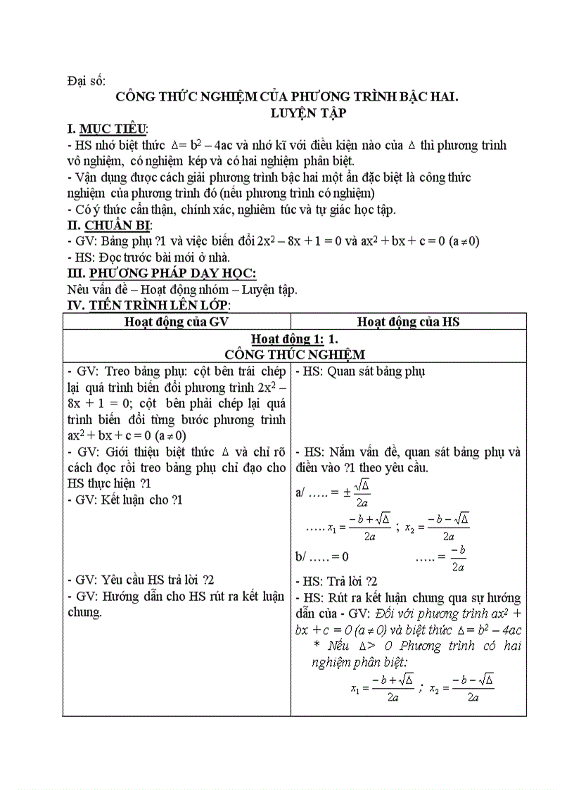 Đại số CÔNG THỨC NGHIỆM CỦA PHƯƠNG TRÌNH BẬC HAI