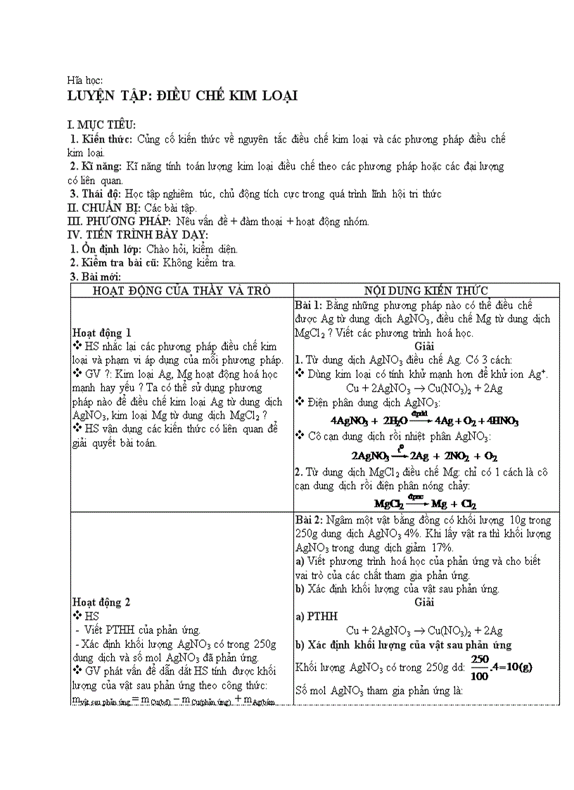 Hóa học LUYỆN TẬP ĐIỀU CHẾ KIM LOẠI