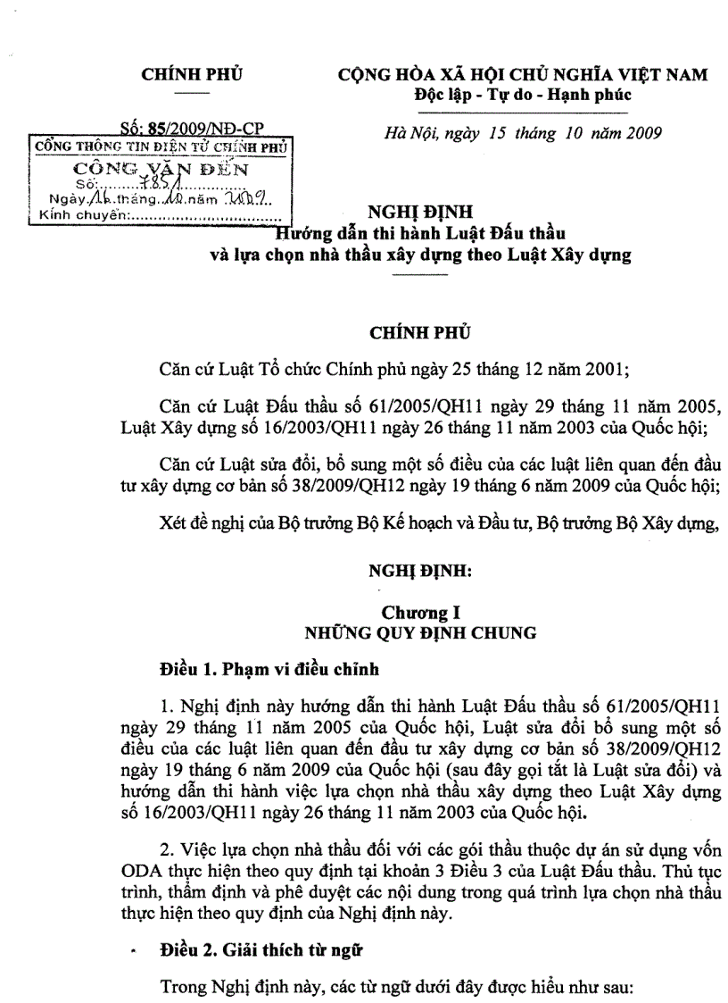 Nghị định 85 2009 NĐ CP Hướng dẫn thi hành luật đấu thầu và Lựa chọn nhà thầu theo luật xây dựng