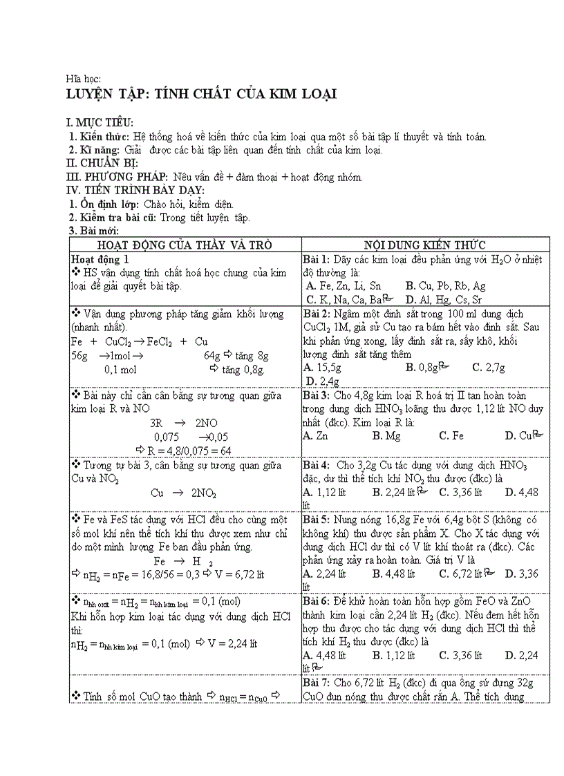 Hóa học LUYỆN TẬP TÍNH CHẤT CỦA KIM LOẠI