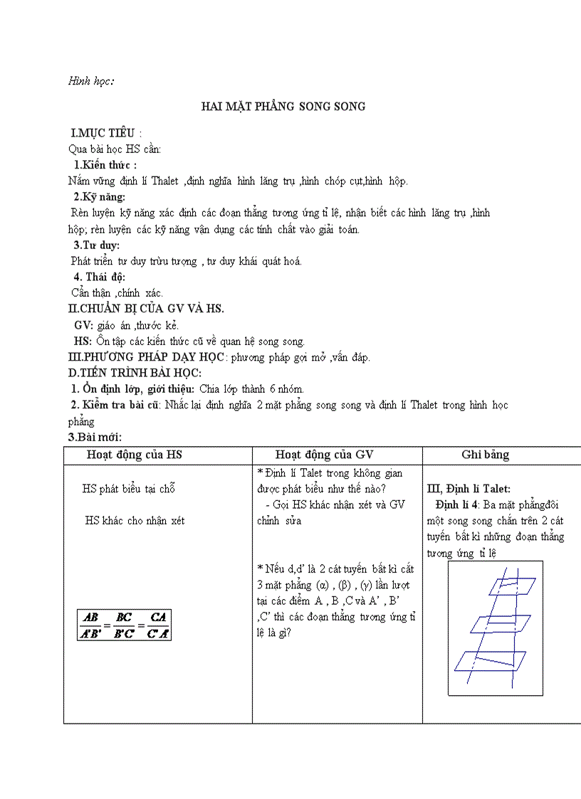 Hình học HAI MẶT PHẲNG SONG SONG