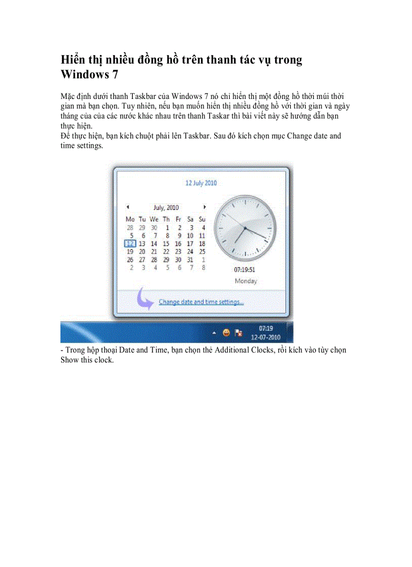 Hiển thị nhiều đồng hồ trên thanh tác vụ trong Windows 7