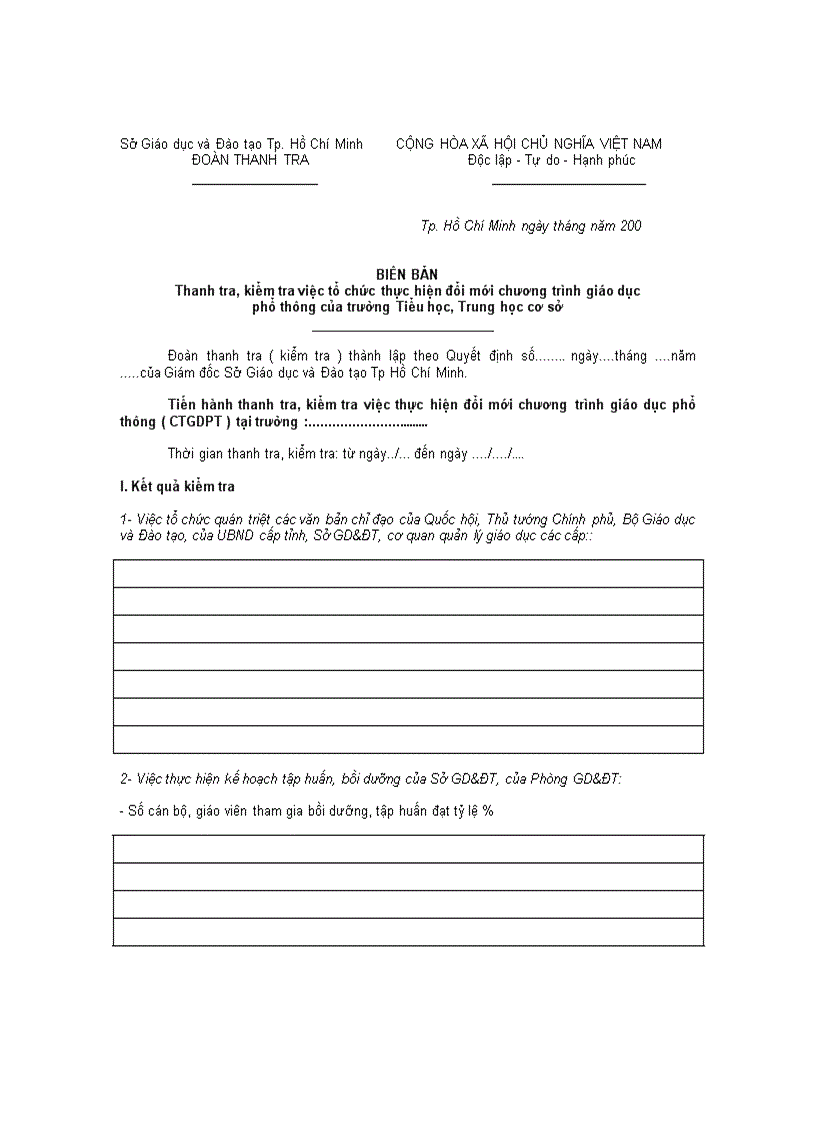 BIÊN BẢN Thanh tra kiểm tra việc tổ chức thực hiện đổi mới chương trình giáo dục phổ thông của trường Tiểu học Trung học cơ sở 1