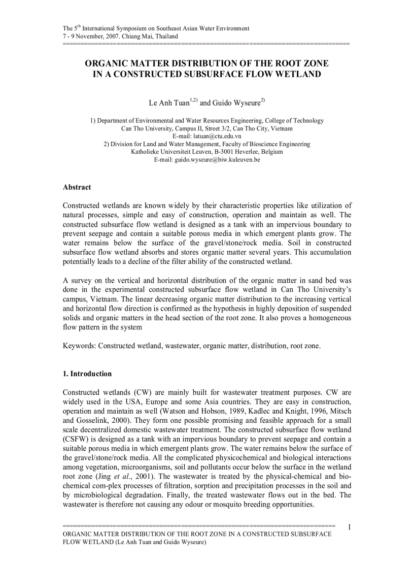 Organic matter distribution of the root zone in a constructed subsuface flow wetland