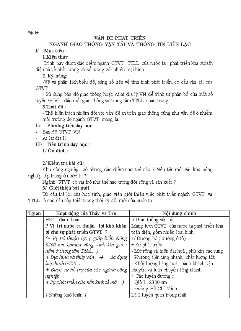 Địa lý VẤN ĐỀ PHÁT TRIỂN NGÀNH GIAO THÔNG VẬN TẢI VÀ THÔNG TIN LIÊN LẠC