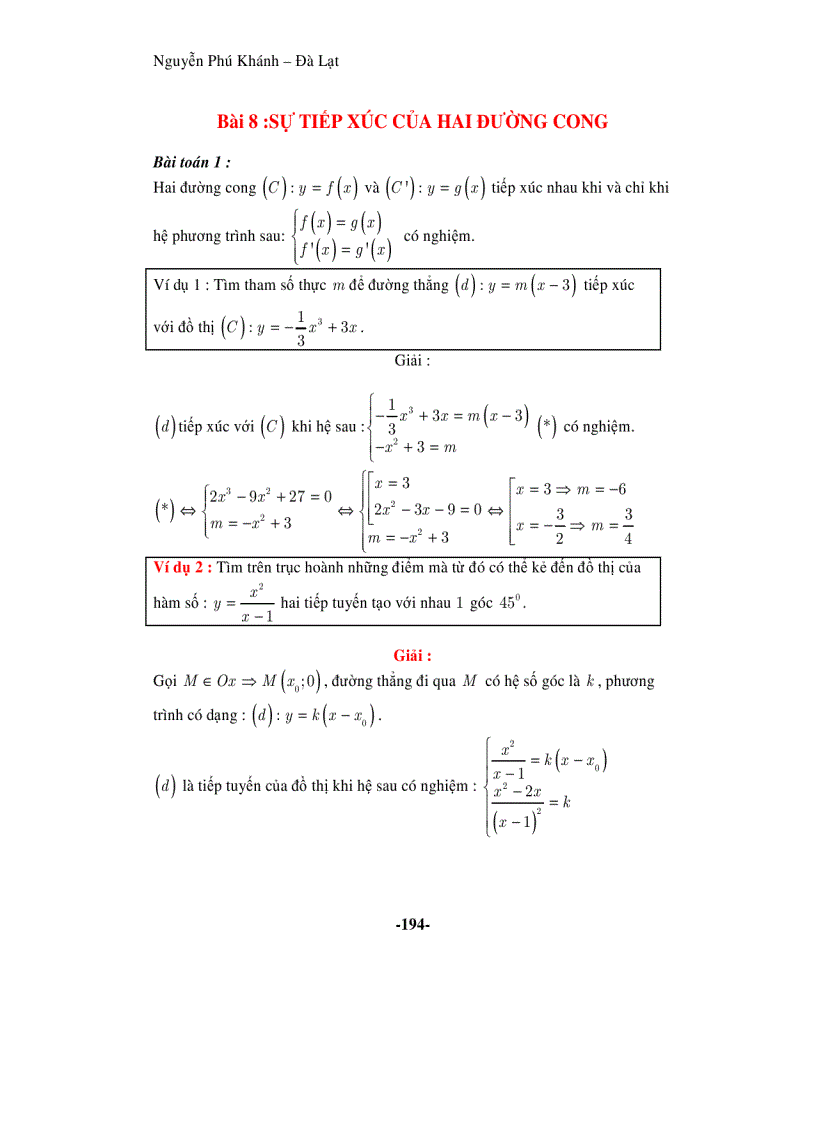 Bài 8 Sự tiếp xúc của 2 Đường cong Mùa thi 2010