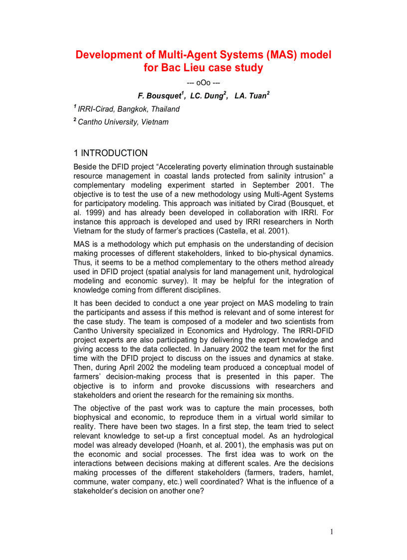 Developement of Multi Agent system MAS model for Bac Lieu case study