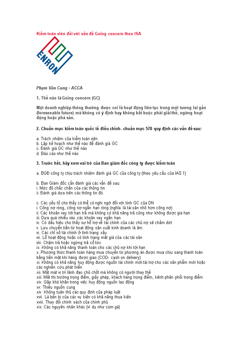Kiểm toán viên đối với vấn đề Going concern theo ISA