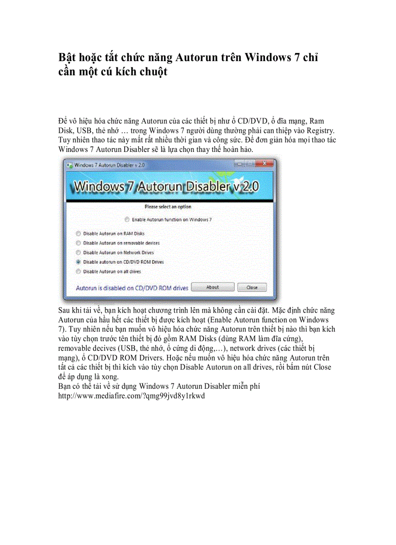 Bật hoặc tắt chức năng Autorun trên Windows 7 chỉ cần một cú kích chuột