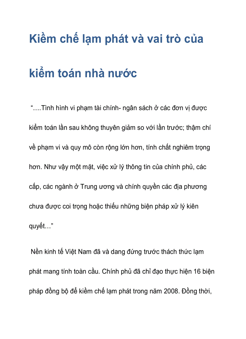 Kiềm chế lạm phát và vai trò của kiểm toán nhà nước