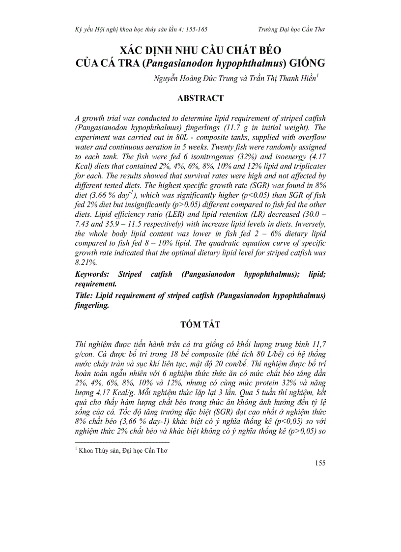 Xác định nhu cầu chất béo của cá tra Pangasianodon hypophthalmus giống