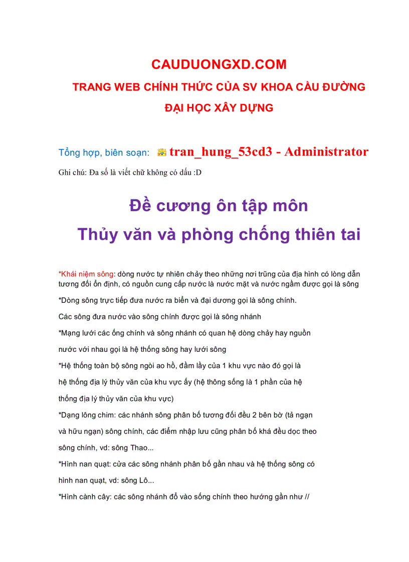 Đề cương ôn tập môn thủy văn