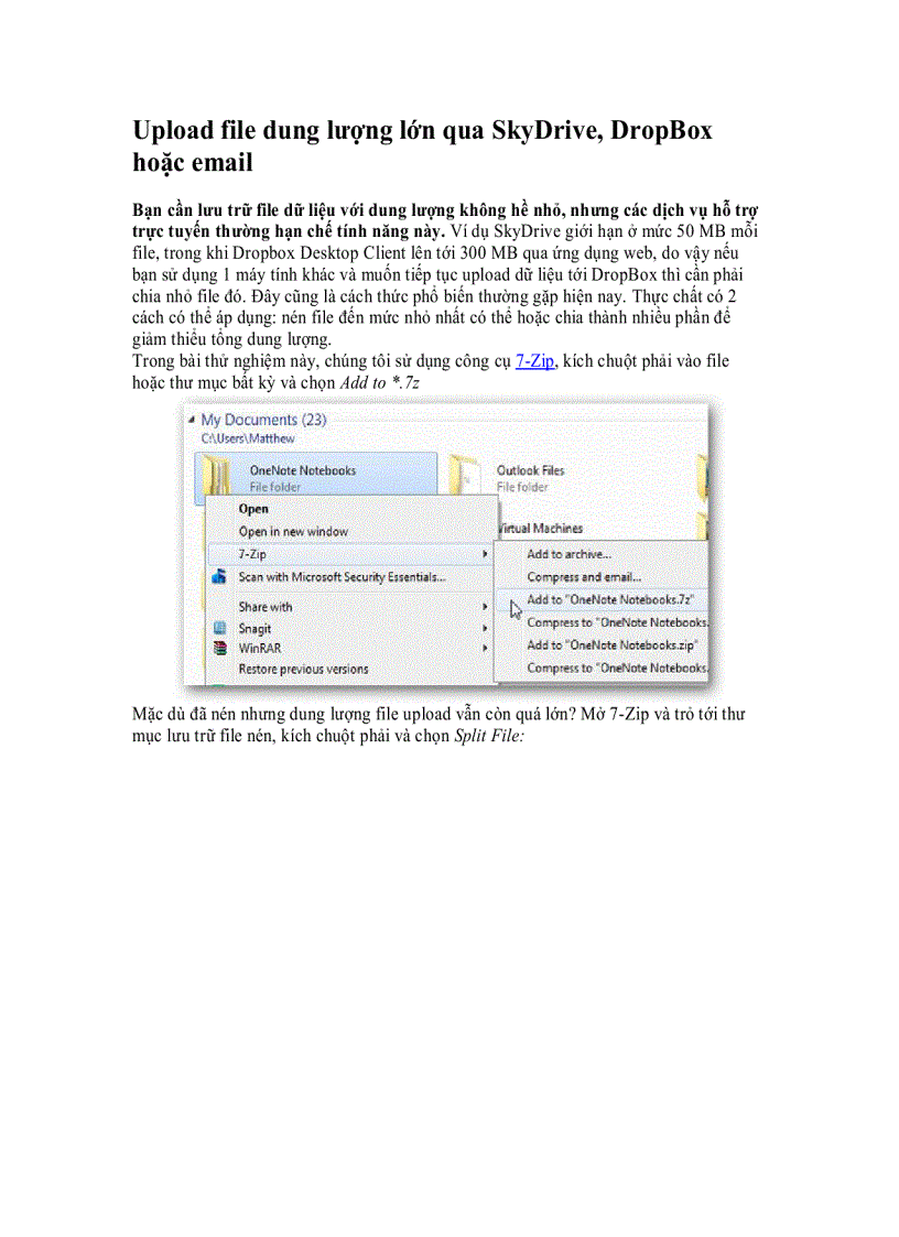 Upload file dung lượng lớn qua SkyDrive DropBox hoặc email