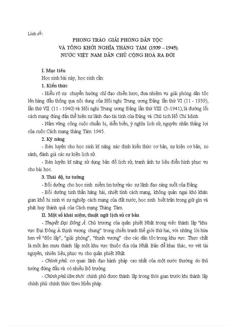 Lịch sử PHONG TRÀO GIẢI PHÓNG DÂN TỘC VÀ TỔNG KHỞI NGHĨA THÁNG TÁM 1939 1945 NƯỚC VIỆT NAM DÂN CHỦ CỘNG HOÀ RA ĐỜI