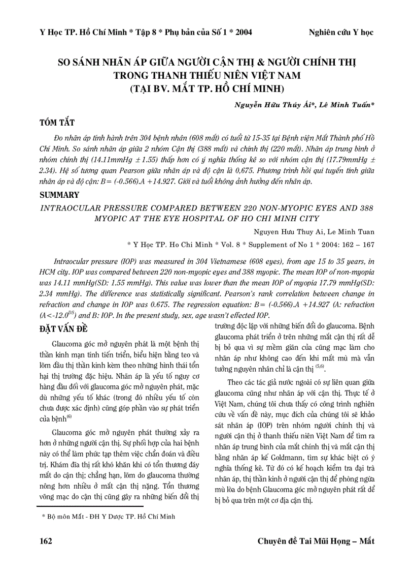So sánh nhãn áp giữa người cận thị và người chính thị trong thanh thiếu niên Việt Nam tại BV Mắt TPHCM