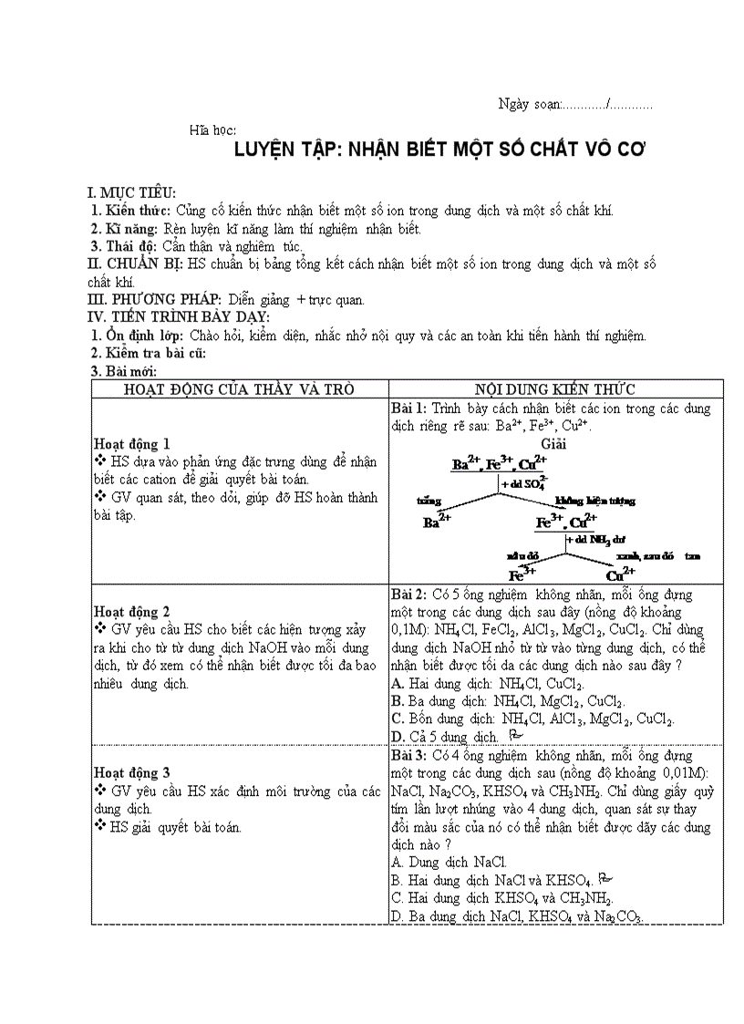 Hóa học LUYỆN TẬP NHẬN BIẾT MỘT SỐ CHẤT VÔ CƠ