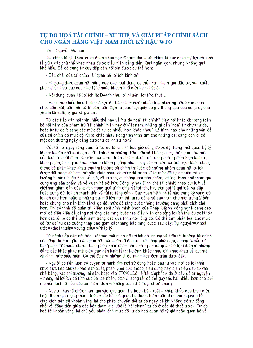 Tự do hóa tài chính Xu thế và giải pháp chính sách cho NHVN thời kỳ hậu WTO