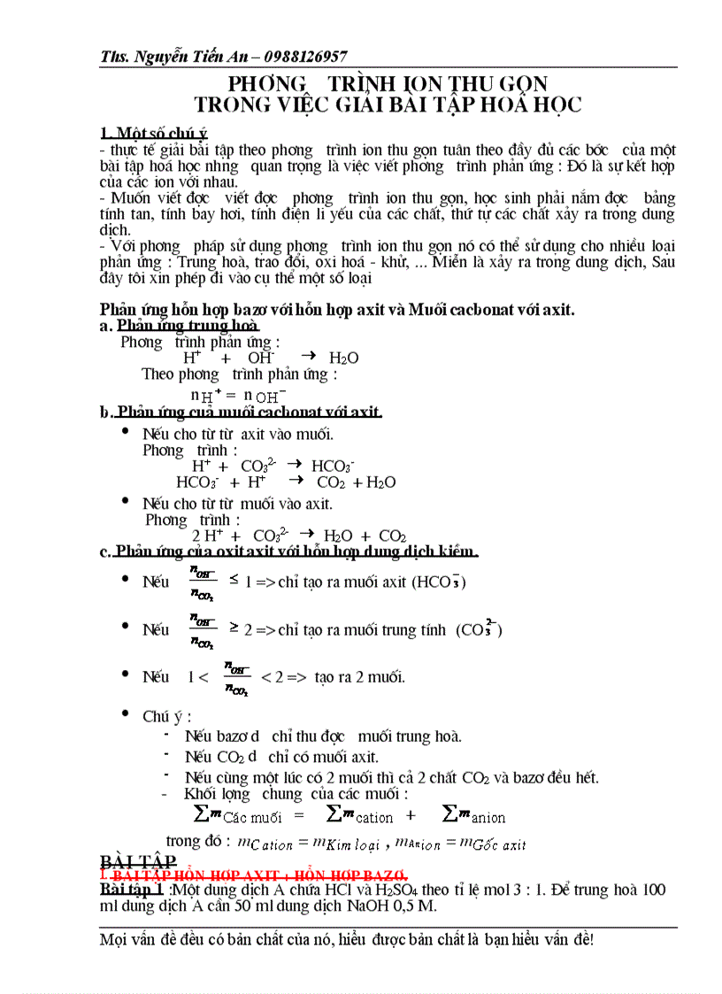 Áp dụng phương trình ion rút gọn vào việc giải toán Hóa 12 Ths Nguyễn Tiến An