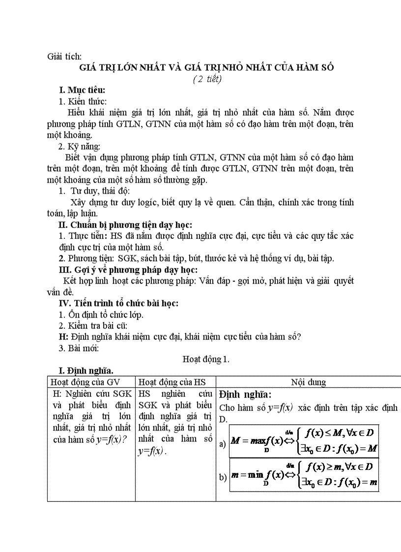 Giải tích GIÁ TRỊ LỚN NHẤT VÀ GIÁ TRỊ NHỎ NHẤT CỦA HÀM SỐ