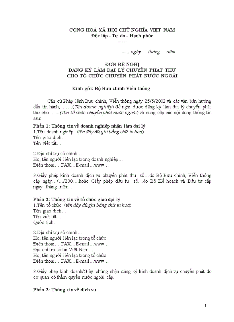 Đơn đề nghị đăng ký làm đại lý chuyển phát thư cho tổ chức chuyển phát nước ngoài