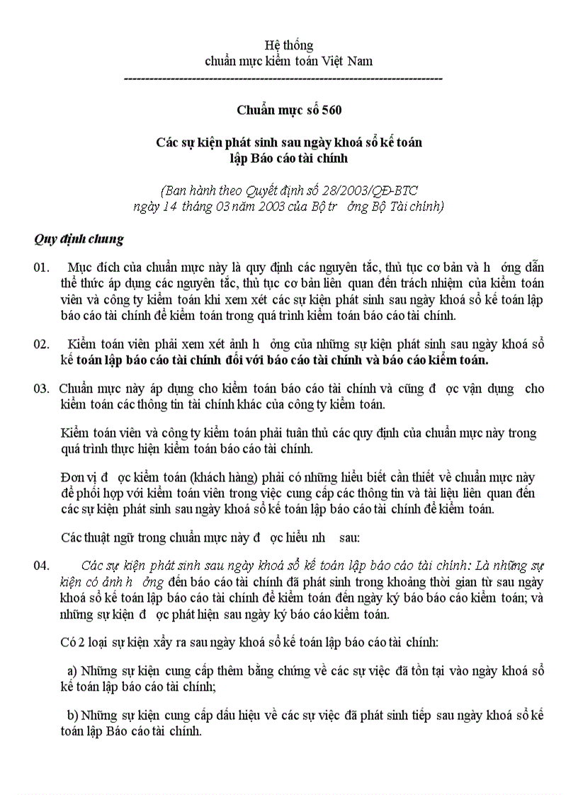 Các sự kiện phát sinh sau ngày khóa số lập BCTC 2003