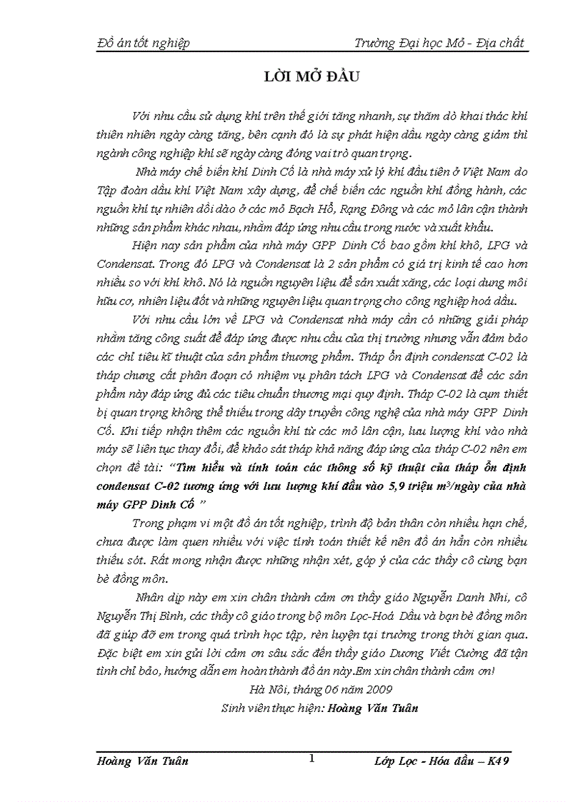 Tìm hiểu và tính toán các thông số kỹ thuật của tháp ổn định condensat C 02 tương ứng với lưu lượng khí đầu vào 5 9 triệu m3 ngày của nhà máy GPP Dinh Cố