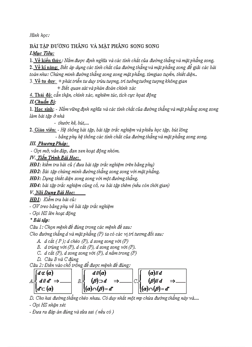 Hình học BÀI TẬP ĐƯỜNG THẲNG VÀ MẶT PHẲNG SONG SONG
