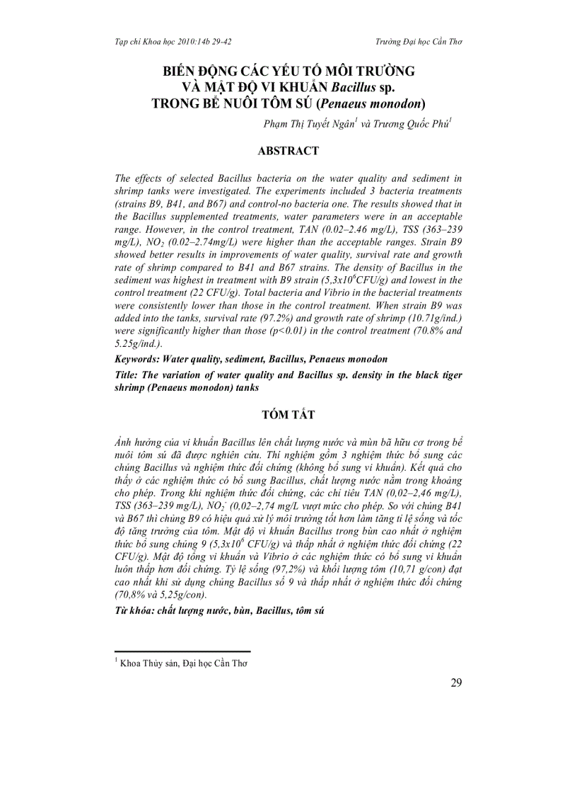 Biến động các yếu tố môi trường và mật độ vi khuẩn Bacillus sp trong bể nuôi tôm sú Penaeus monodon