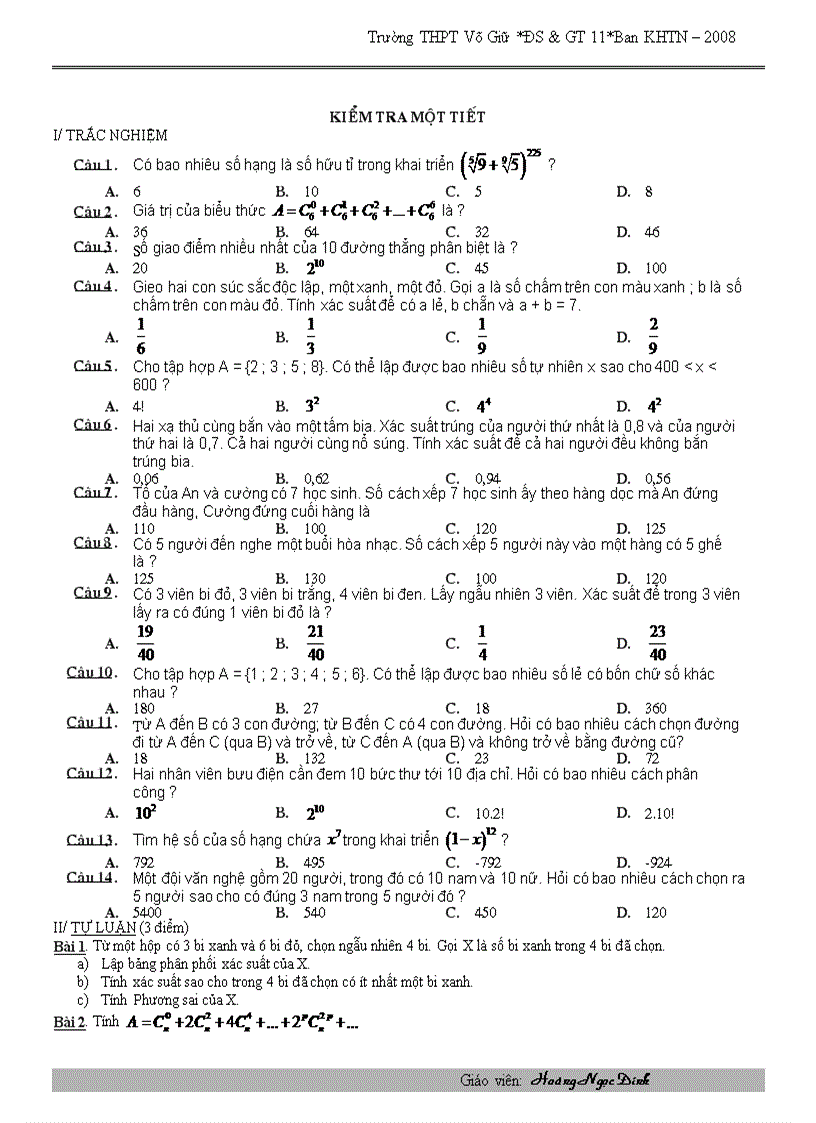 Đề kiểm tra 1 tiết môn Đại số và giải tích 11 THPT Võ Giữ Bình Định 2008