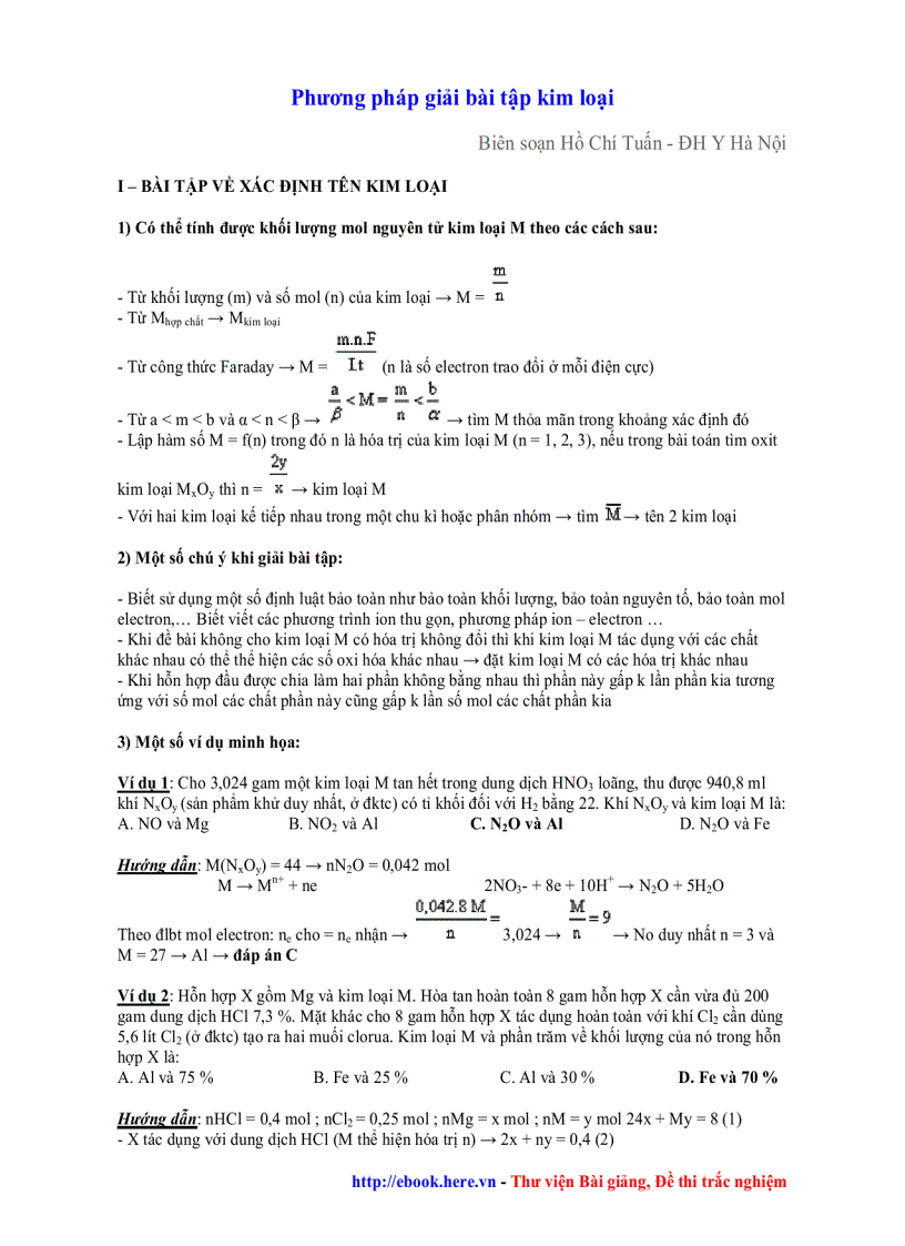 Phương pháp giải bài tập Kim loại HÓA 2010 Hồ Chí Tuấn