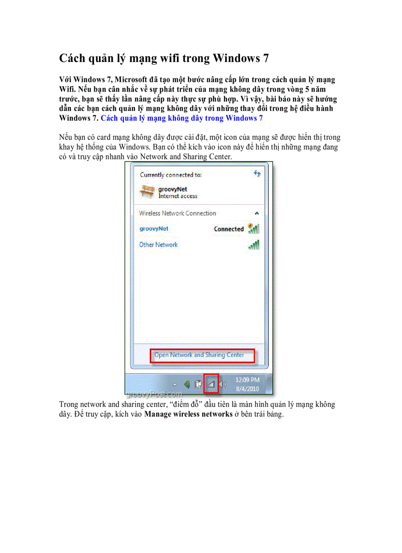 Cách quản lý mạng wifi trong Windows 7