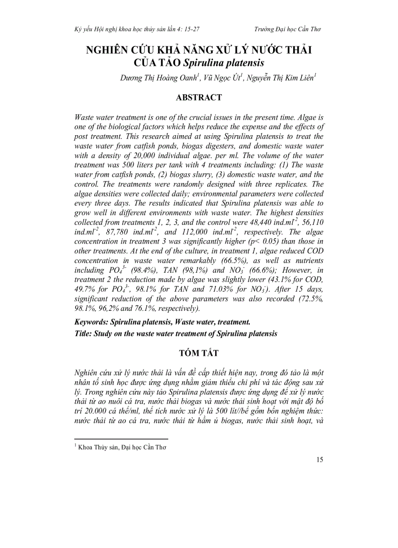 Nghiên cứu khả năng xử lý nước thải của tảo Spirulina platensis