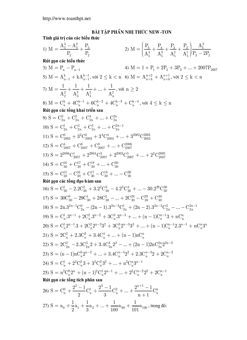 Toán THPT bài tập về nhị thức Niu Tơn