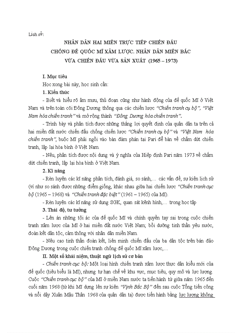Lịch sử NHÂN DÂN HAI MIỀN TRỰC TIẾP CHIẾN ĐẤU CHỐNG ĐẾ QUỐC MĨ XÂM LƯỢC NHÂN DÂN MIỀN BẮC VỪA CHIẾN ĐẤU VỪA SẢN XUẤT 1965 1973