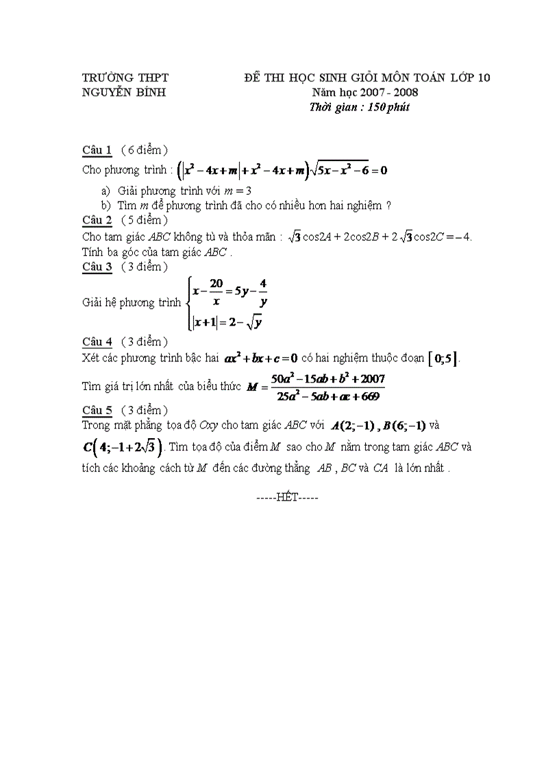 Đề thi HSG Toán 10 THPT Nguyễn Bính 2007 2008