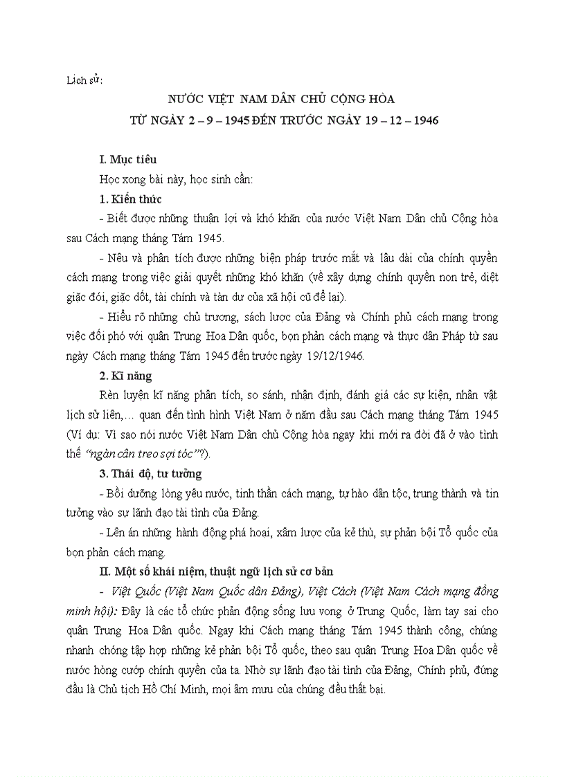 Lịch sử NƯỚC VIỆT NAM DÂN CHỦ CỘNG HÒA TỪ NGÀY 2 9 1945 ĐẾN TRƯỚC NGÀY 19 12 1946