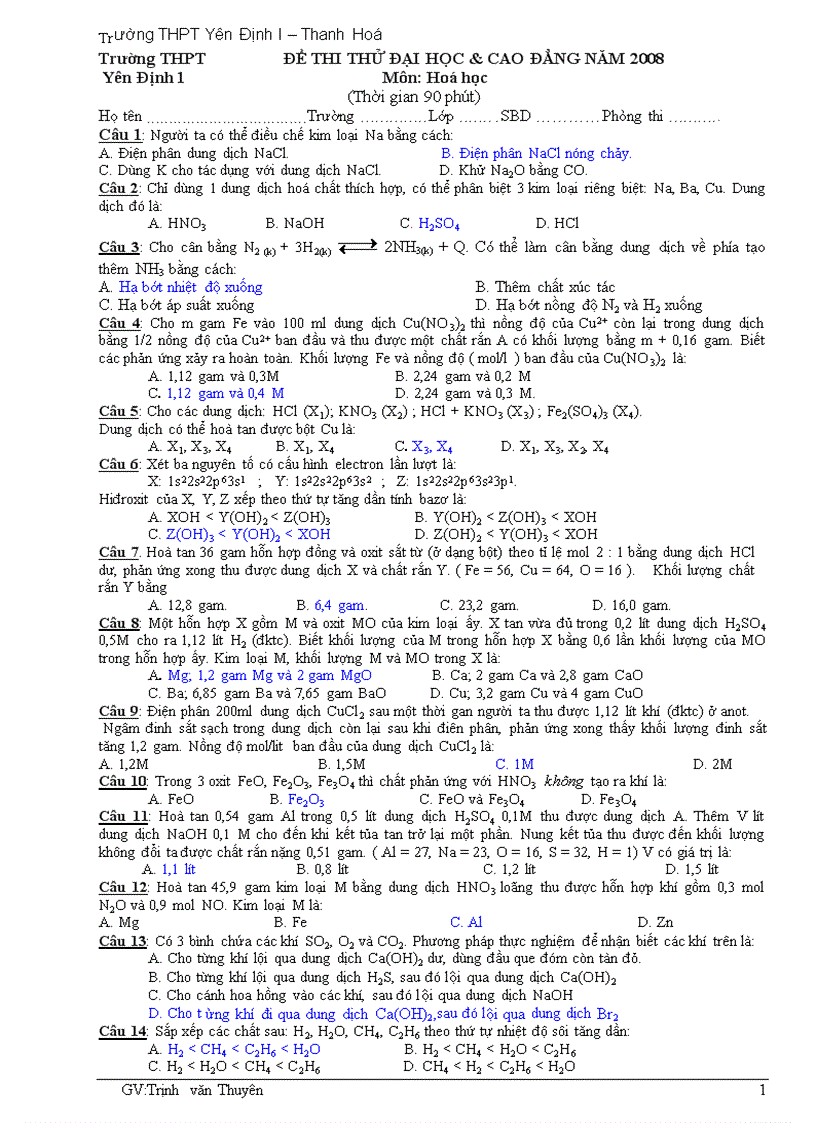 Đề thi thử trắc nghiệm Đại học môn Hóa THPT Yên Định 1 Thanh Hóa 2008