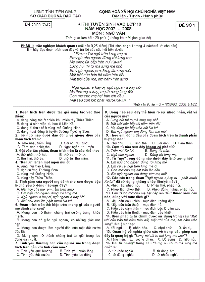 Đề thi tuyển sinh lớp 10 môn Ngữ văn 2007 2008 Tiền Giang